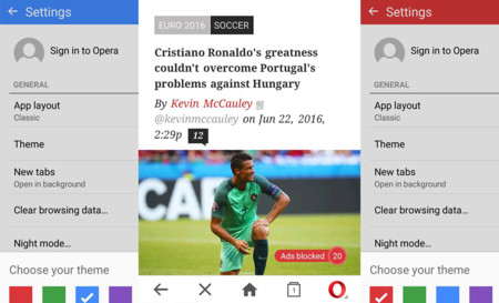 Opera Mini incluye un contador de anuncios bloqueados, temas de color y más