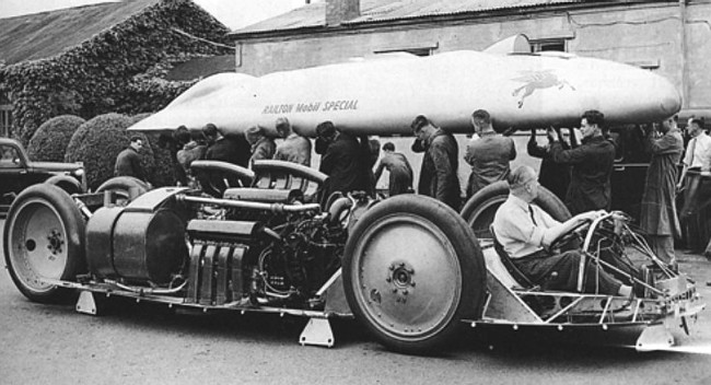 Railton Mobil Special Photograph Crew Lifting Land Speed Record Car Bodywork John Cobb Seated Front