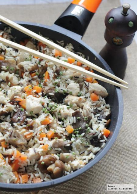 Arroz salvaje con pollo y setas. Receta económica