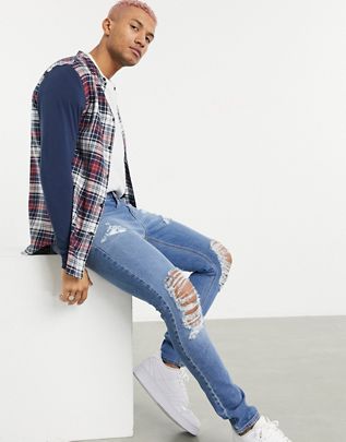 Camisa de cuello mao a cuadros con mangas a contraste de franela de SikSilk