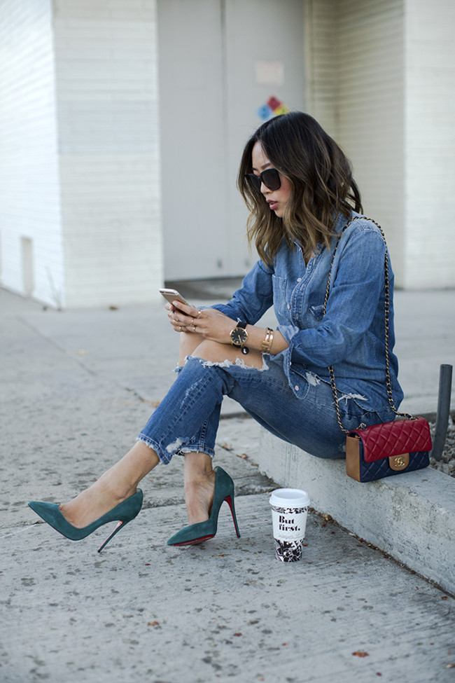 Aimee Song Of Style Denim Shirt Ripped Denim Jeans Christian Louboutin Pumps Chanel Multi Color Bag