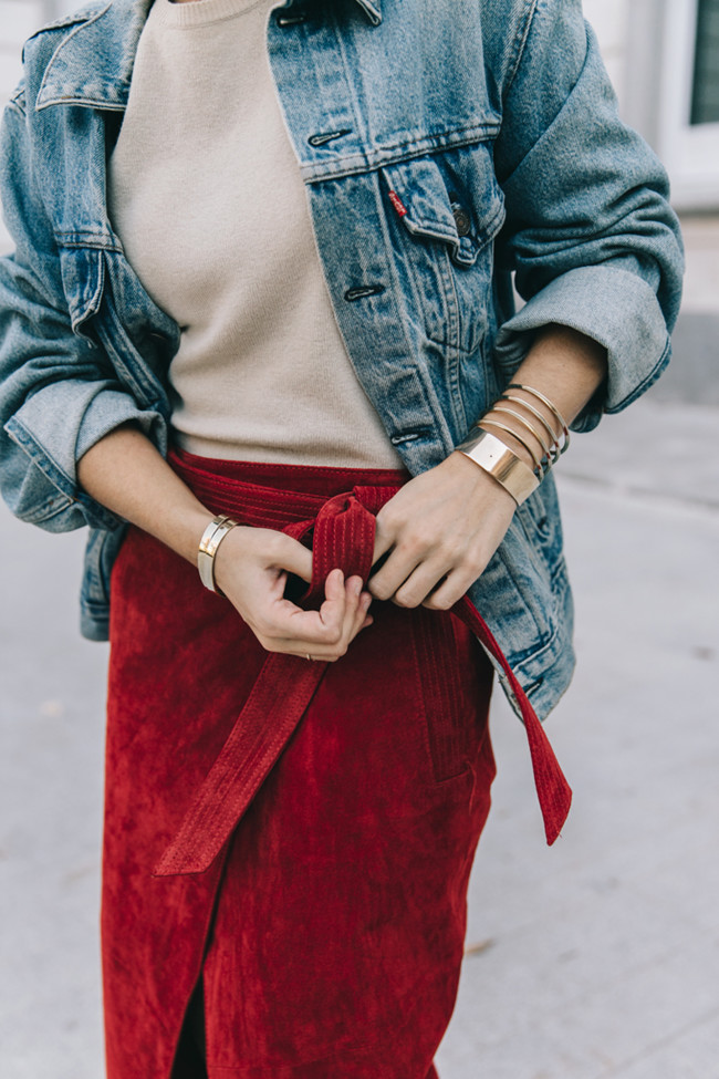 Wrap Skirt Red Skirt Suede Levis Vintage Denim Jacket Isabel Marant Shoes Printed Pumps Gold Bracelets Celine Classic Box Hoop Earrings Topknot Outfit Street Style Vestiaire Collective 26