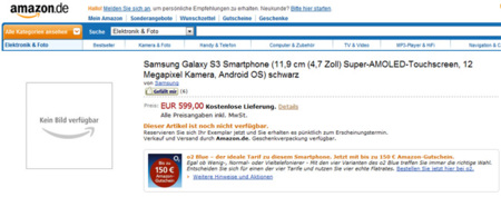 El Galaxy SIII aparece en Amazon Alemania, a un precio de 599 euros