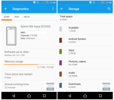 Si vas a comprarte un Xperia M4 Aqua, evita el modelo de 8GB, tiene muy poca memoria libre