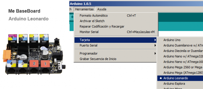 Como en nuestro kit Makeblock tenemos una placa basada en Arduino Leonardo, seleccionamos dicha opción