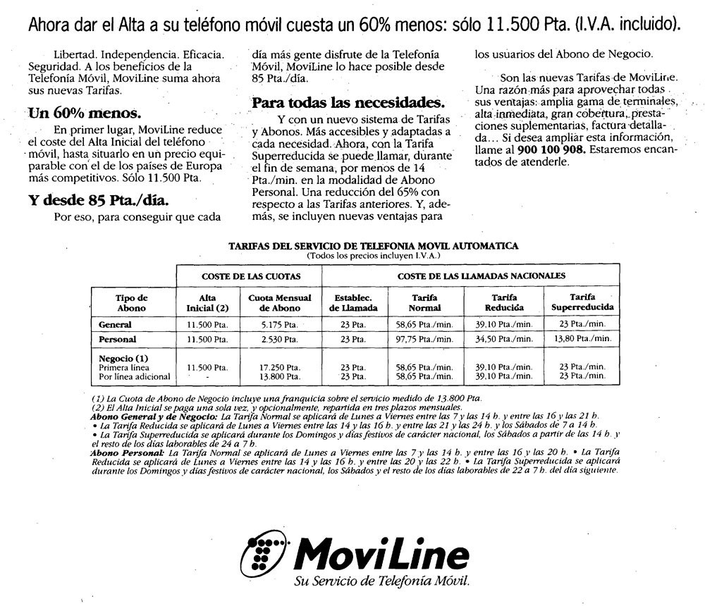Tarifas MoviLine 1994