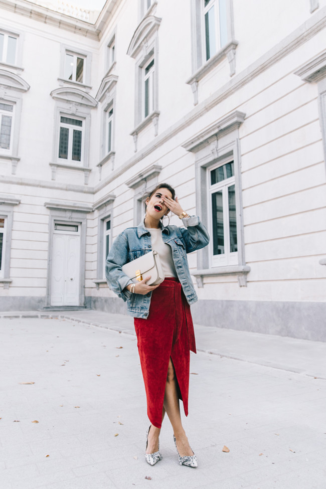 Wrap Skirt Red Skirt Suede Levis Vintage Denim Jacket Isabel Marant Shoes Printed Pumps Gold Bracelets Celine Classic Box Hoop Earrings Topknot Outfit Street Style Vestiaire Collective