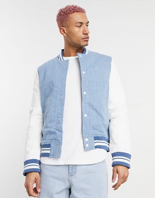 Chaqueta universitaria azul y blanca de denim de ASOS DESIGN