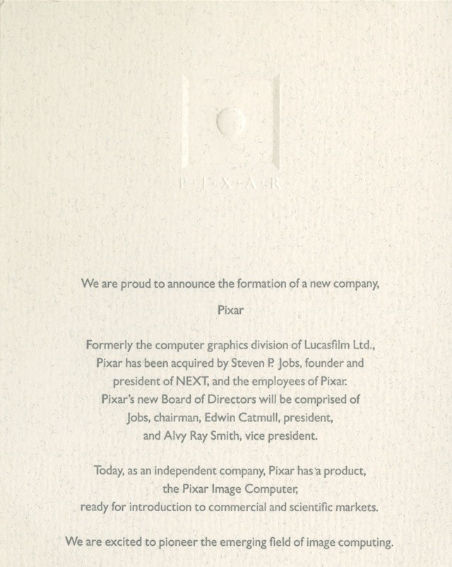 Anuncio oficial de la formación de Pixar