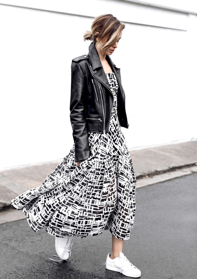 Chronicles Of Her White Adidas Superstars Dion Lee Leather Jacket Maticevski Dress