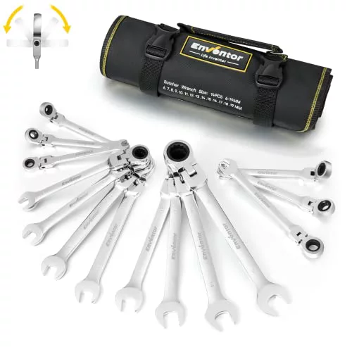 Enventor 14 Piece Combination Wrench Set, Ratcheting Combination Wrench Set 6 mm - 19 mm, Chrome Vanadium Steel, 72 Teeth, 180° Swivel Head, 5° Return Spring, Bag