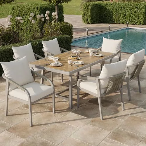 Fppuueg Conjunto Mesa y Sillas Jardin 7 Piezas, Mesa y Sillas Terraza Exterior con 1 Mesa y 6 Sillas, Conjunto Jardin Exterior con Cojines, Juego de Jardín para 6 Personas, Color Caqui + Beige