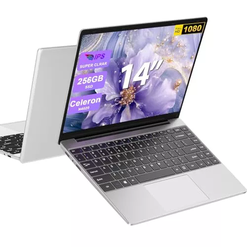 Ordenador Portátil 14 Pulgadas Win 11 con 5G WiFi,6GB RAM 256GB SSD Expansión SSD 1TB（Up to 2.8Ghz） BT4.2 3.0 Transmisión Puerto 1920×1080 Portátiles FHD Buenos & Mini Puerto Multimedia-Plata-B