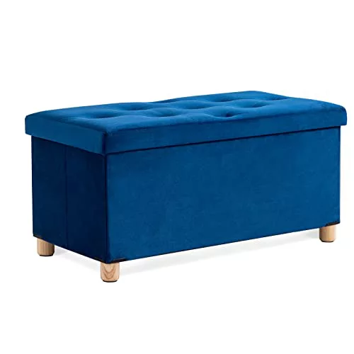 BRIAN & DANY Puff Almacenaje Plegable, Banco de Almacenaje de Terciopelo, Baúl Pie de Cama con Tapa para Dormitorio Salon Entrada, 76 x 38 x 38 cm, Azul