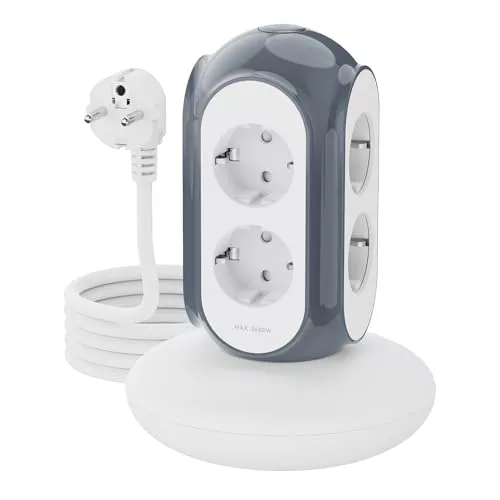 MiaoLab Regleta Torre 6 Tomas AC, 3680W/16A, Protector sobretensiones 1420J, Base con Peso 479 g Anti-vuelco, Cable 2 m, protección sobrecarga (Gris Basalto)