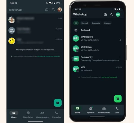 現在の WhatsApp ダーク モードと最新ベータ版 (右の画像: WABetaInfo)