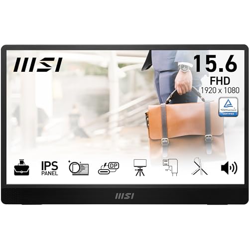 MSI Pro MP161 E2U Monitor portátil Full HD de 15,6", Panel IPS 1920 x 1080, 60 Hz, Pantalla Agradable a la Vista (PC, portátil, móvil), Altavoces, chasis y Soporte, Mini-HDMI 2.0b, 2 x USB Type-C