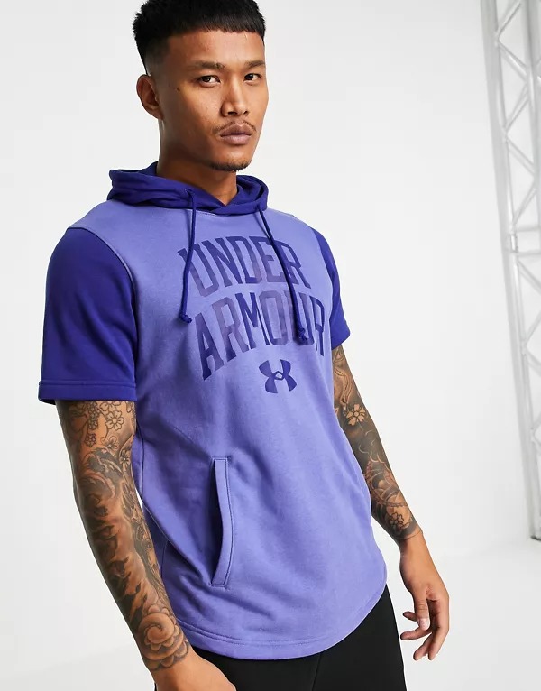 Under Armor Training Collegiate Logo Short Sleeve Hoodie In Blue