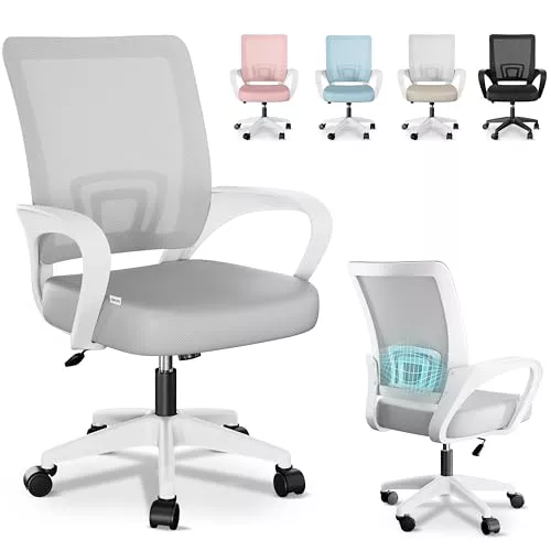 JUPPLIES Silla Escritorio Ergonomica - Silla Oficina con Apoyo Lumbar, Estructura de Plastico, Malla Transpirable, Ruedas Giratorias 360° Soporta hasta 110kg (Gris)