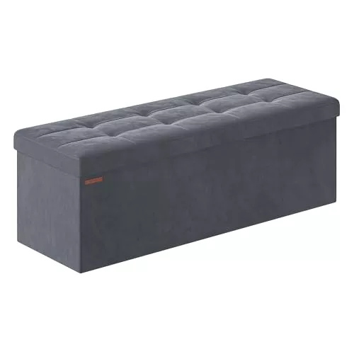 SONGMICS Puff Almacenaje, Baúl de Almacenaje Plegable, 38 x 110 x 38 cm, Taburete Reposapiés, Banco de Cubo, Soporta hasta 300 kg, para Sala de Estar, Dormitorio, Entrada, Gris Pizarra LSF277G01