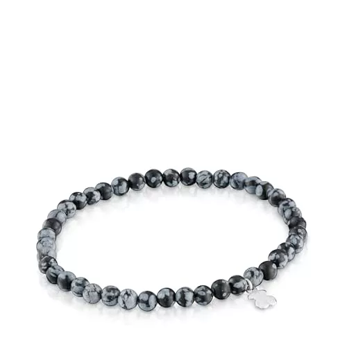 TOUS Pulsera Elástica Gris con Motivo de Oso en Plata de Primera Ley para Mujer, 16.5cm de Largo, Colección Basics