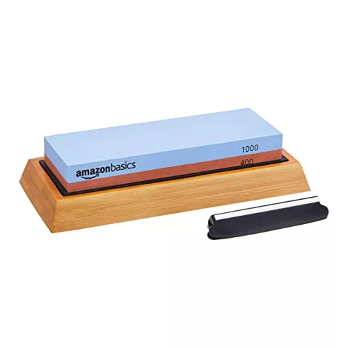 Amazon Basics Piedra de afilar de cuchillos de doble cara, grano 400/1000 con base de bambú antideslizante