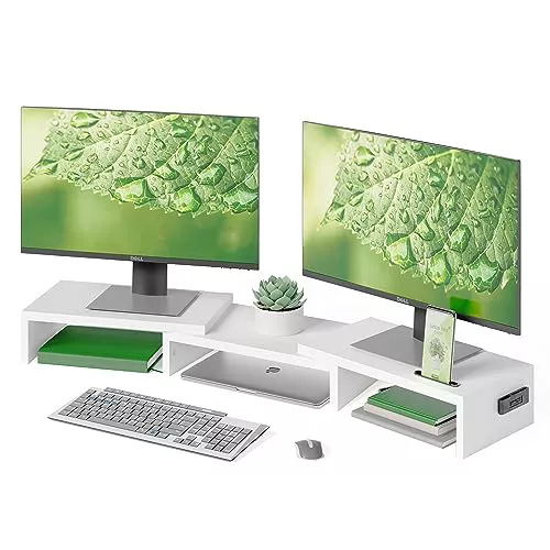 BONTEC Elevador Monitor de Madera para Doble Monitors, Soporte Monitor Escritorio con Smartphone Holder, Madera Soporte para Monitor Escritorio de Longitud Ajustable y Giratorio Ángulo (Blanco)