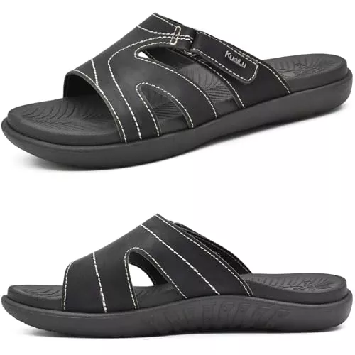KuaiLu Chanclas Mujer Moda Ortopedicas Comodas Soporte del Arco Chancletas Baño Verano Cool Playa Piscina Ligera Abierta Sandalias Antideslizante Goma Suela Negro 36