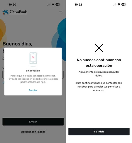 Error de acceso a la app y error al enviar un Bizum