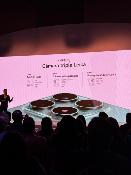 Foto tirada em evento da Xiaomi mostrando especificações da câmera do Xiaomi 17