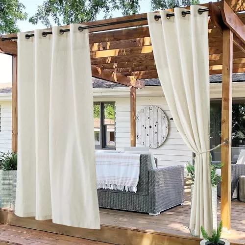 PONY DANCE Cortina de Exterior Impermeable de Lino para Terraza Pergolas de Jardin Cortinas Translucidas para Exterior Porche con Ojales, 2 Piezas, 140x243 cm, Crema