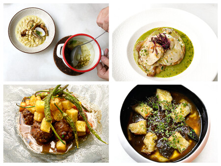 Pochas Con Almejas Patatas A La Importancia Con Huevo Frito Albondigas Y Colmenillas Con Sopa De Cebolla