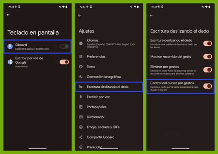 Capturas de pantalla con los pasos para activar el control del cursor por gestos