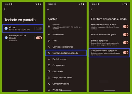 Capturas de pantalla con los pasos para activar el control del cursor por gestos