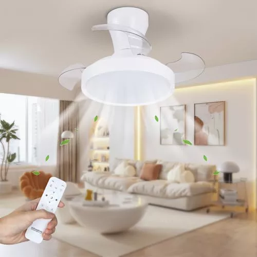 activeallbrite Ventilador de techo con luz, Motor DC, 38W, 6 Velocidades, Aspas retráctiles, 3000K-6500K, Función Verano-Invierno, Temporizador, Ø55CM.