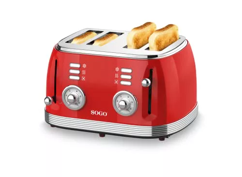 SOGO Retro Vintage Tostadora 1500W de Acero Inoxidable y Esmalte Rojo, Tostador de Pan con Diseño Vintage, Ranuras para Pan, Tostadora Grande para Desayunos y Cocina Calentamiento Rápido Fácil de Usar