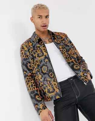 Chaqueta Harrington naranja con estampado de leopardo de lentejuelas de ASOS DESIGN