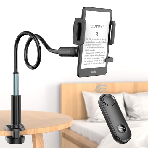 PlusAcc Soporte para Kindle con volteador de páginas remoto - Soporte ajustable para leer en la cama, escritorio manos libres, brazo perezoso con clic para accesorios Kindle, para teléfonos