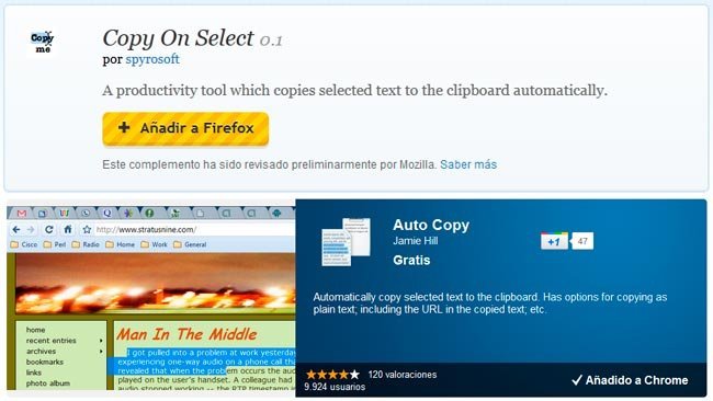 Copy On Select y Auto Copy: Extensiones para Firefox y Chrome para copiar un texto en cuanto lo seleccionas
