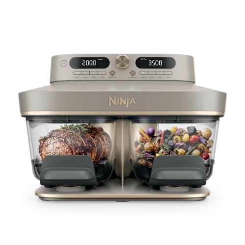 Ninja CRISPi DualZone Freidora de aire de cristal de doble cajón, 8 funciones de cocción, dos alimentos a la vez, recipientes de vidrio sin PFAS, tapas de almacenamiento, piedra/dorado DD103EUSD1