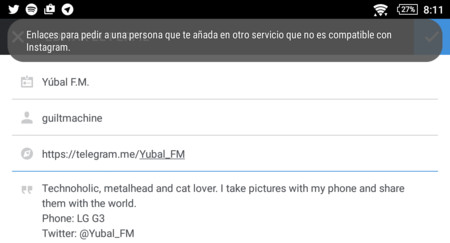 Instagram ya no te permite incluir en tu perfil enlaces a tus cuentas de Telegram y Snapchat