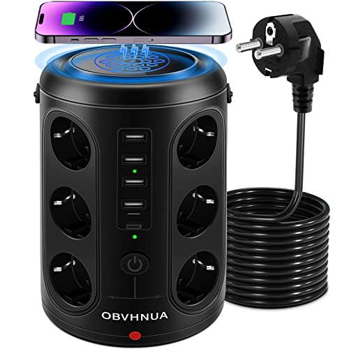 Regleta Enchufes Proteccion Sobretension, Vertical con 8 Enchufes & 3 Puertos USB & 10W Cargador Inalámbrico, 2 Interruptores Individuales, Base Multiple de Seguridad 2500 W/15 A