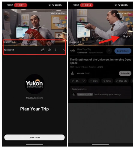 左: Android 版 YouTube の広告の再生時間バー。右: 必須の時間が経過すると、「スキップ」ボタンが表示されます。 (画像:アンドロイドポリス)