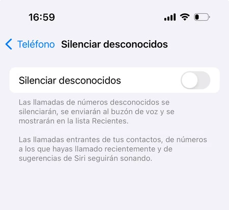 Captura de pantalla de la función Silenciar desconocidos en iOS