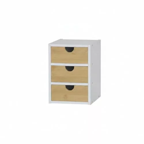 CONFORTIME | Cajonera Organizadora 3 Cajones de Bambú Blanca, Mini Cómoda de Sobremesa para Cocina y Oficina, Organizador de Cajones y Maquillaje, Cajonera Estrecha de Escritorio