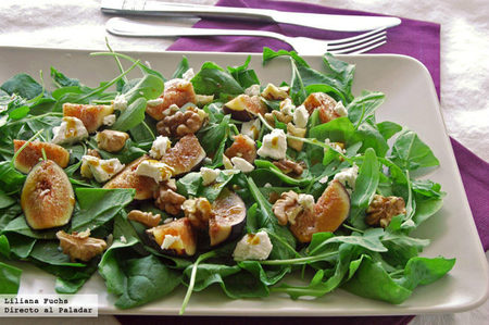 Ensalada de higos, queso de cabra y nueces con vinagreta de melaza. Receta