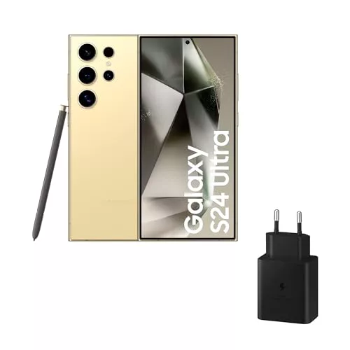 SAMSUNG Galaxy S24 Ultra および 45W 充電器、AI 搭載携帯電話、Android スマートフォン、12 GB RAM、256 GB ストレージ、200MP カメラ、S ペン、長いバッテリー寿命、チタンイエロー (スペイン語版)