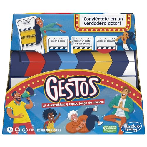 Hasbro Gaming Juego Gestos, Juego de Mímica para 4 o más Jugadores, Incluye Claqueta y Cartas Personalizables