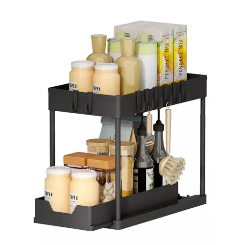 Meltrck Organizador de cocina de 2 niveles, estante debajo del lavabo con 8 ganchos, estante para especias, armario de cocina, organizador para baño, cocina, negro