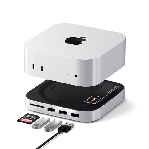SATECHI Mac Mini M4 Hub con Soporte, Carcasa SSD NVMe, Mac Mini M4 Dock en Aluminio, 2 USB-A 3.2 10 Gbps, 1 USB-A 480 Mbps, USB-C, Lector de Tarjetas SD, Compatible con Mac Mini M4 y M4 Pro
